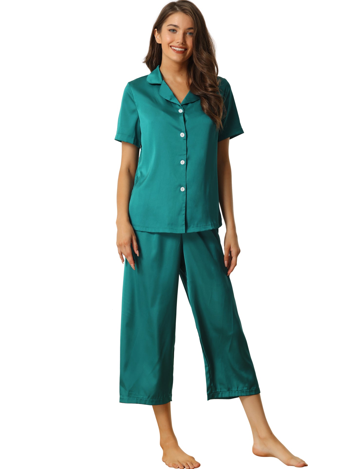 cheibear Pajama Loungewear Tops and Capri Pants Satin Sets Peacock green