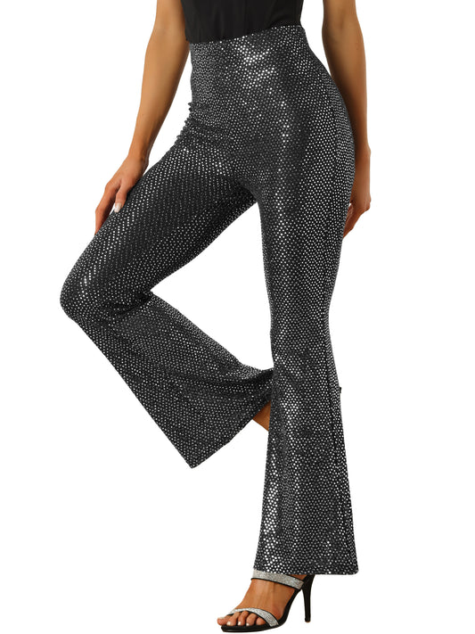 Women's Sequin Flare Pants High Waist Stretch 1980s Retro Vintage Sparkle Long Bell Bottoms