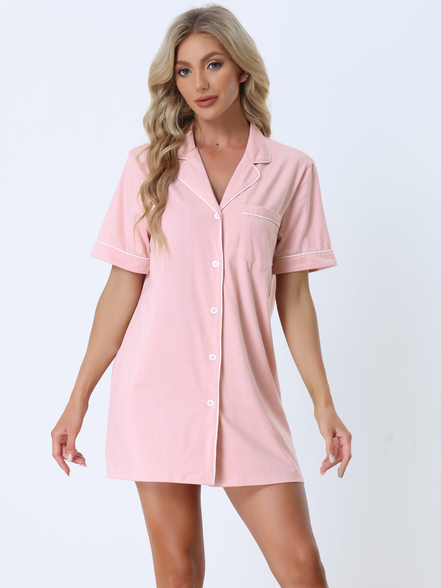 cheibear Lounge Short Sleeves Button Down Pajama Shirt Dress Pink