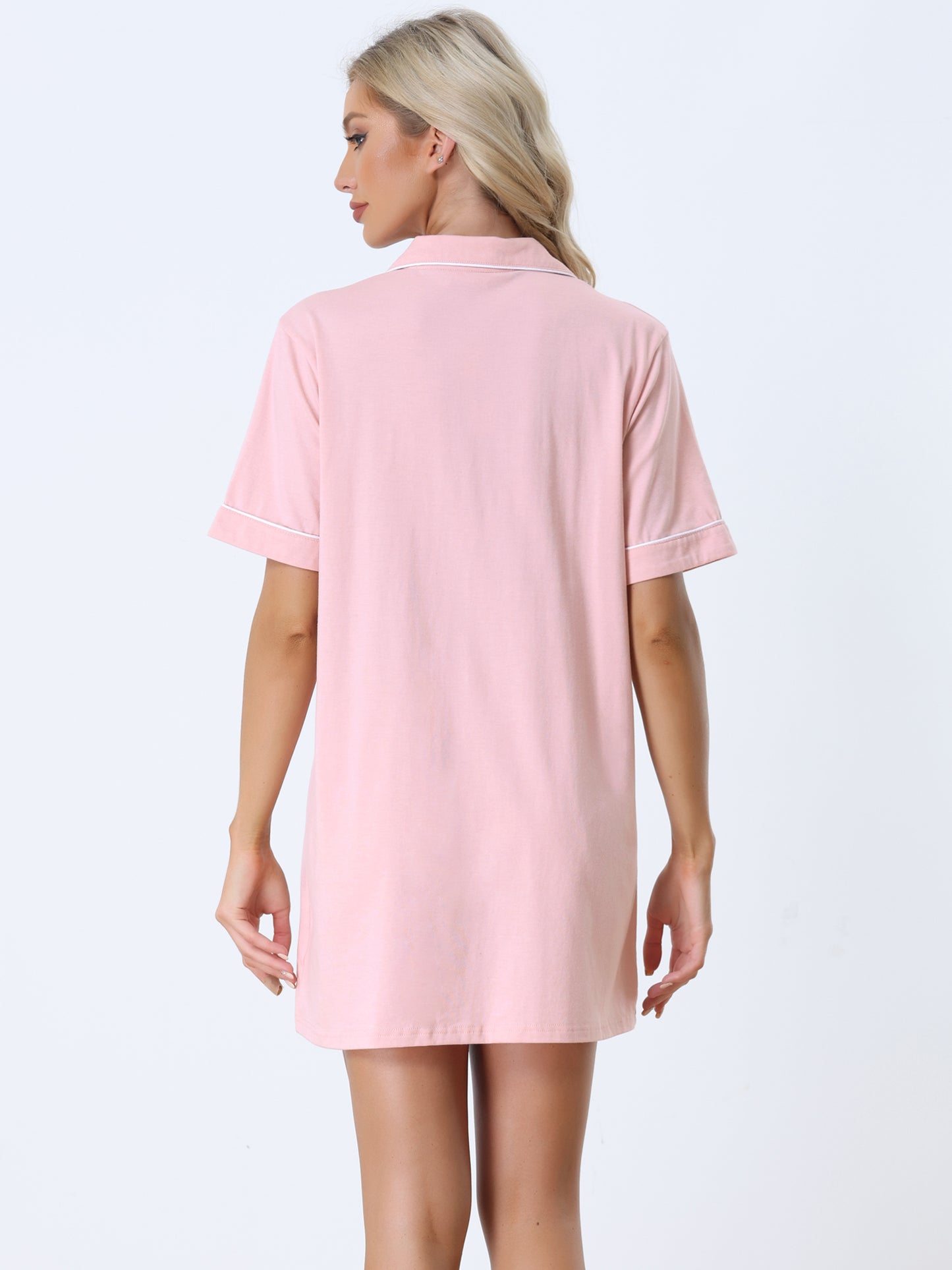 cheibear Lounge Short Sleeves Button Down Pajama Shirt Dress Pink