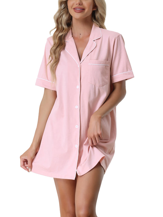 cheibear Lounge Short Sleeves Button Down Pajama Shirt Dress Pink