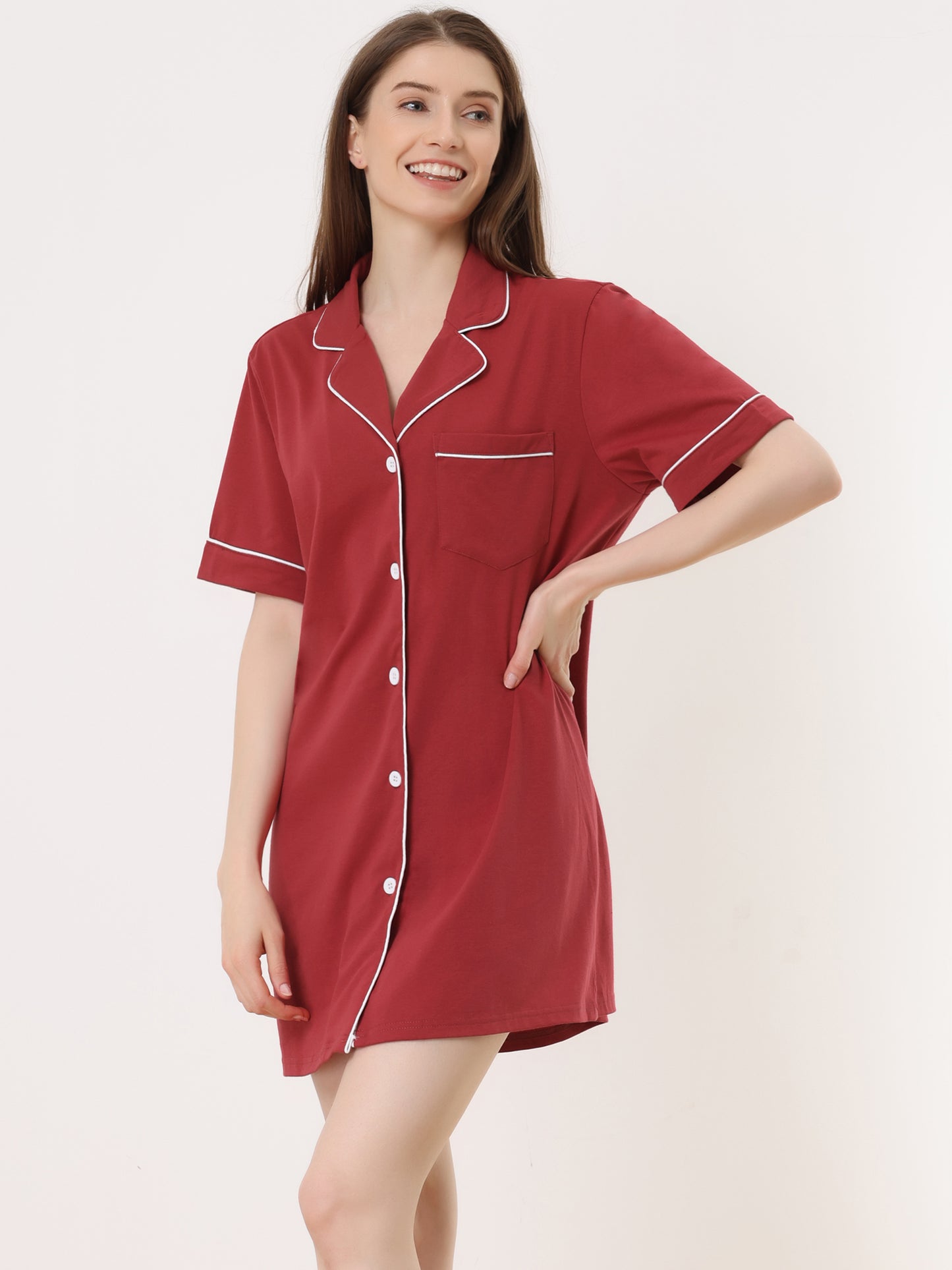 cheibear Lounge Short Sleeves Button Down Pajama Shirt Dress Red