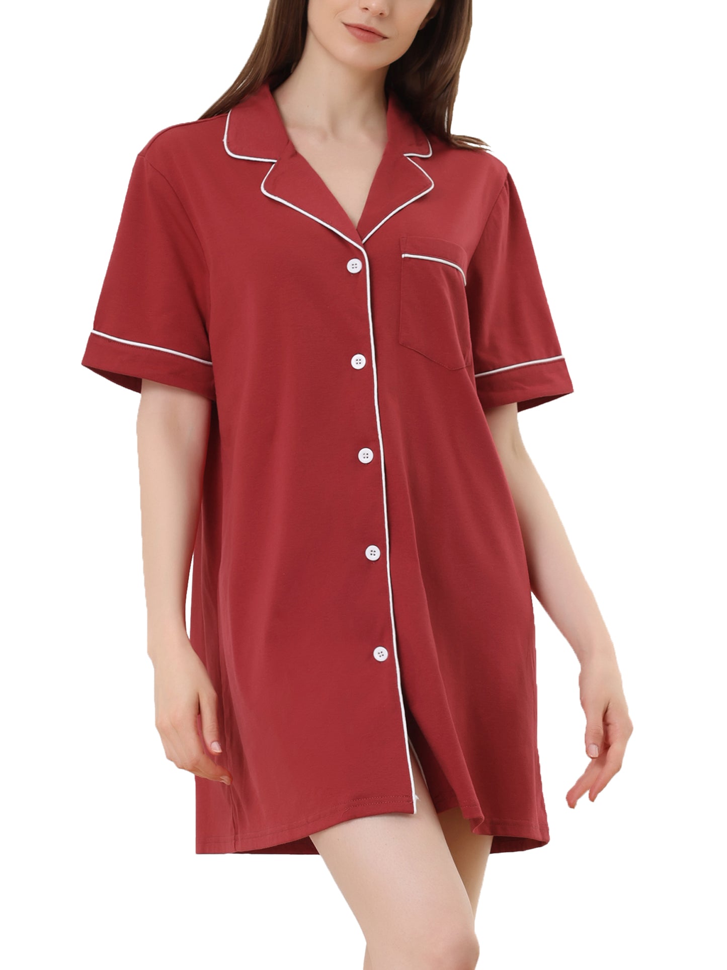 cheibear Lounge Short Sleeves Button Down Pajama Shirt Dress Red