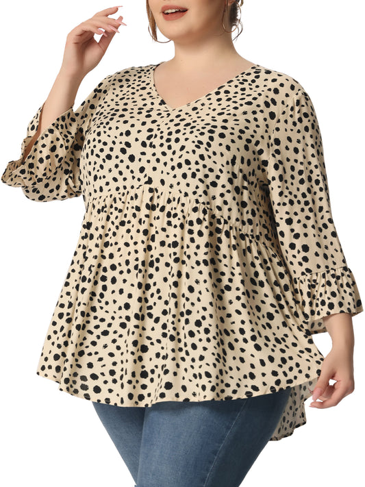 Women Plus Size Polka Dots Blouses V Neck 3/4 Ruffle Sleeve Peplum Top