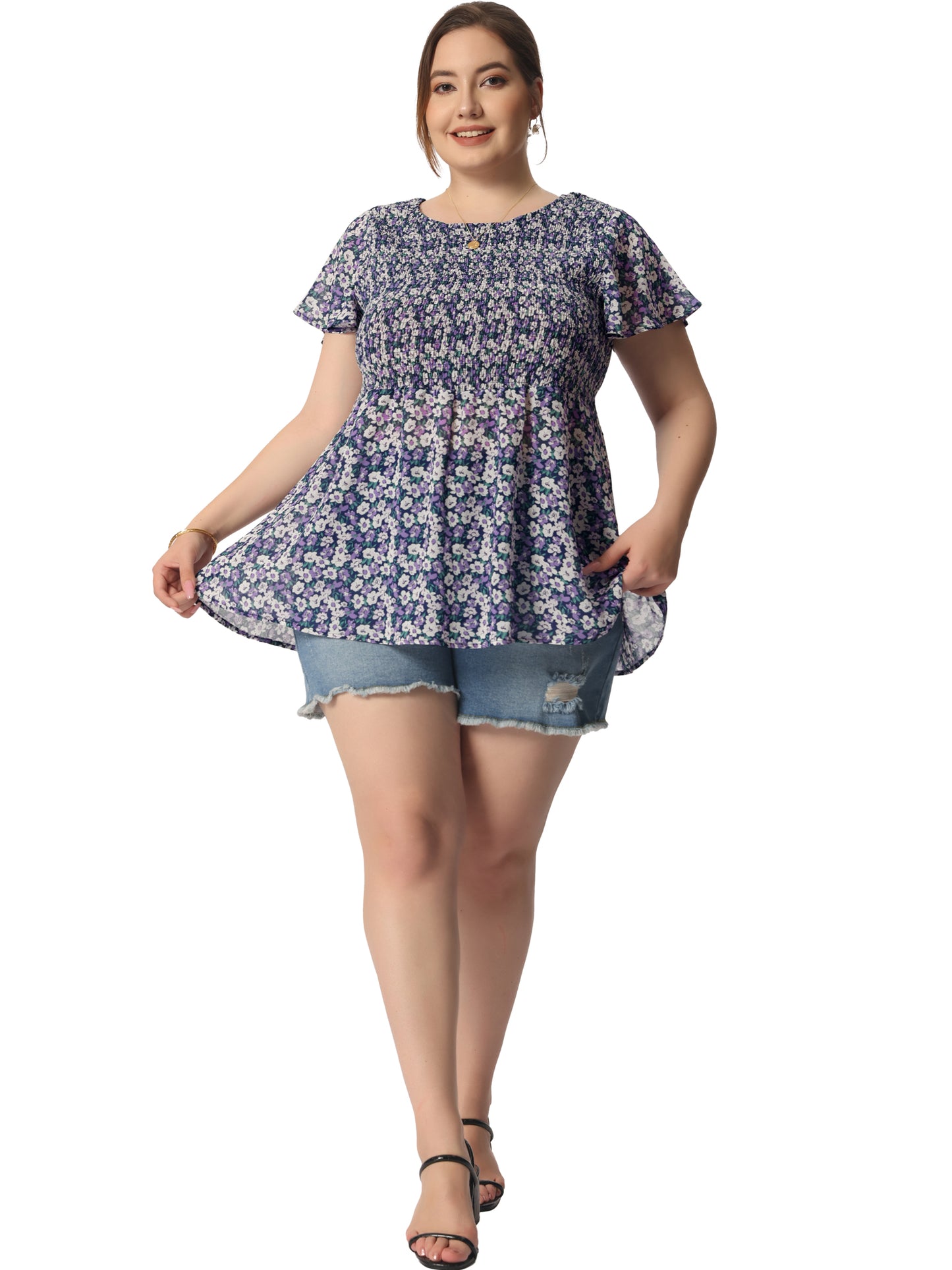 Women Plus Size Chiffon Blouse Summer Flare Short Sleeve Smocked Ditsy Floral Peplum Top