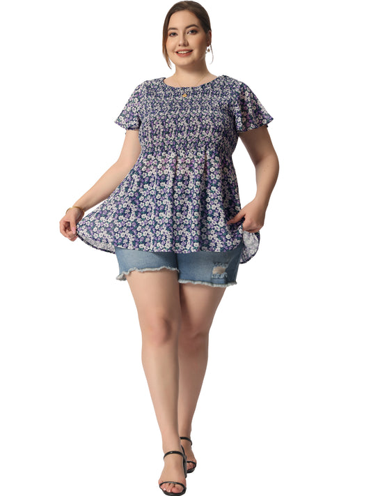 Women Plus Size Chiffon Blouse Summer Flare Short Sleeve Smocked Ditsy Floral Peplum Top