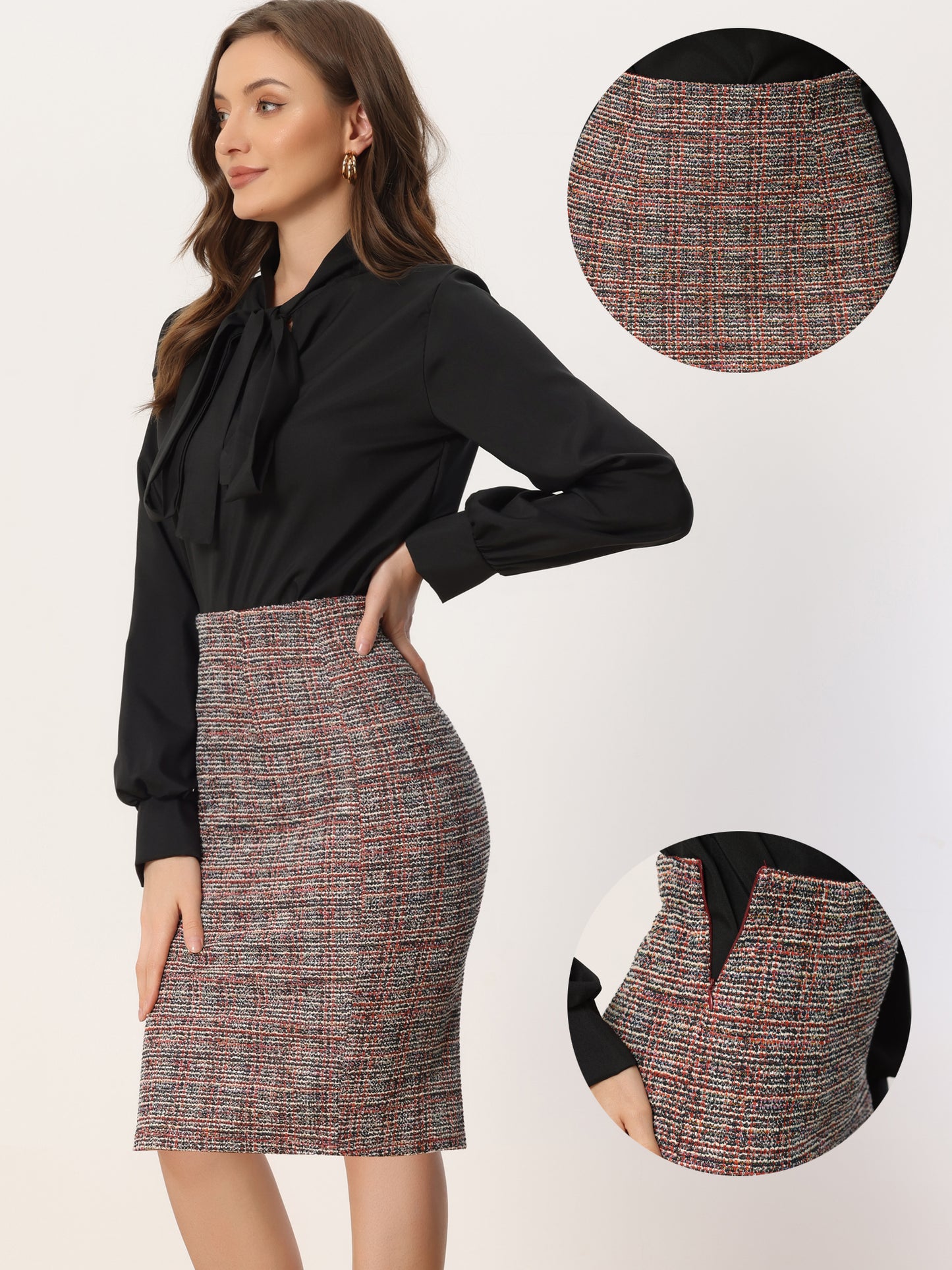 Women's Office Work Tweed High Waist Split Bodycon Plaid Pencil Skirts