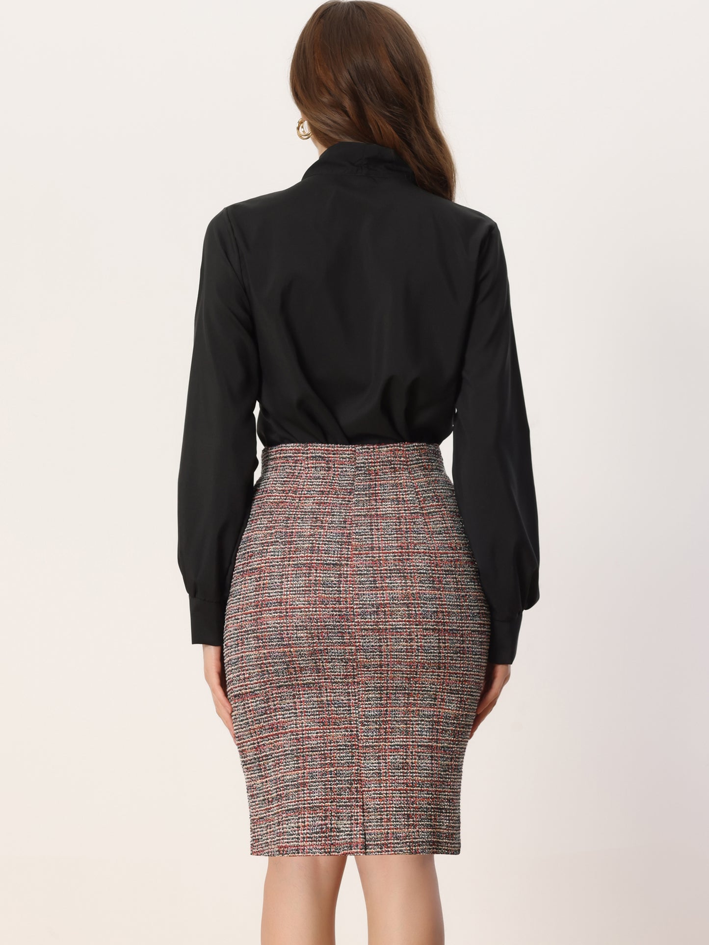 Women's Office Work Tweed High Waist Split Bodycon Plaid Pencil Skirts