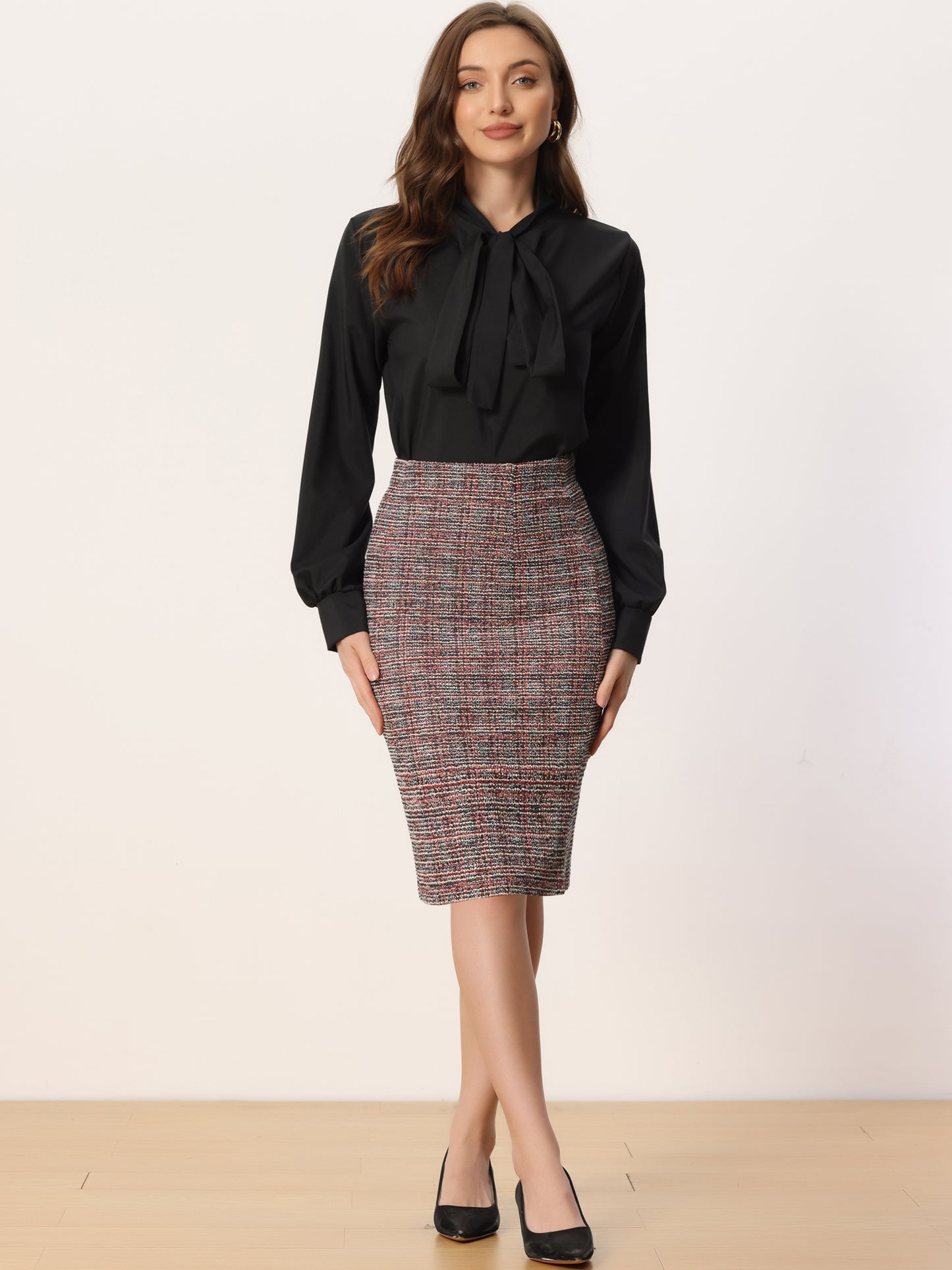 Women's Office Work Tweed High Waist Split Bodycon Plaid Pencil Skirts