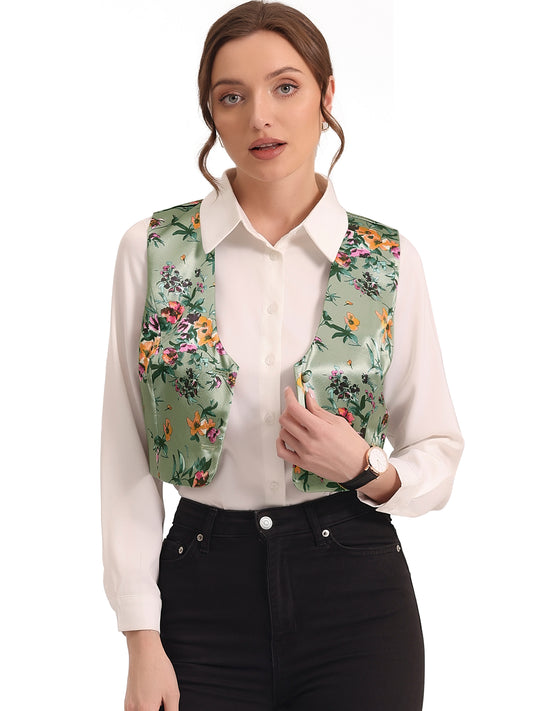 Women's Floral Pattern Vest Button Closure Cropped Satin Vintage Retro Waistcoat Vest