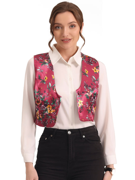 Women's Floral Pattern Vest Button Closure Cropped Satin Vintage Retro Waistcoat Vest