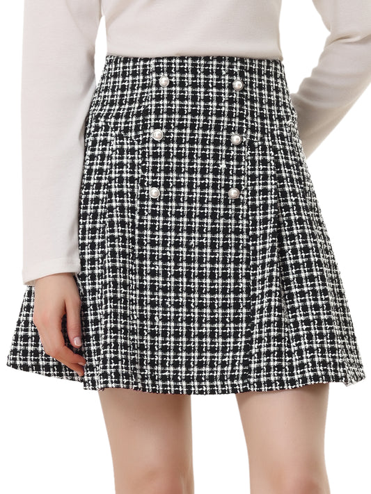 Women's Plaid Tweed Skirt Elegant High Waist Button Decor A-Line Mini Skirt