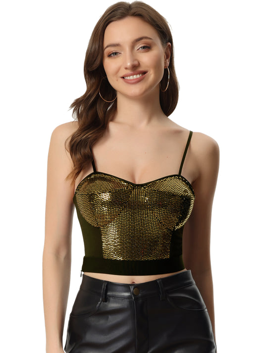 Women's Spaghetti Strap Sexy Sweetheart Neck Party Sequin Crop Cami Top