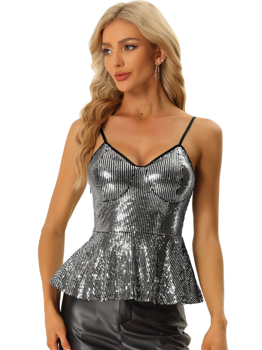 Women's Sequin Sparkle Tank Top V Neck Ruffle Camisole Sleeveless Peplum Top