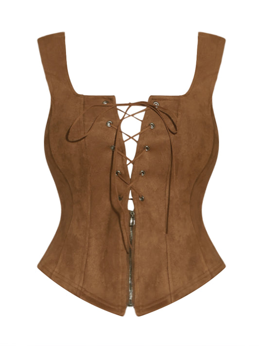 Women's Faux Suede Vintage Steampunk Retro Corset Sleeveless Lace Up Waistcoat Vests