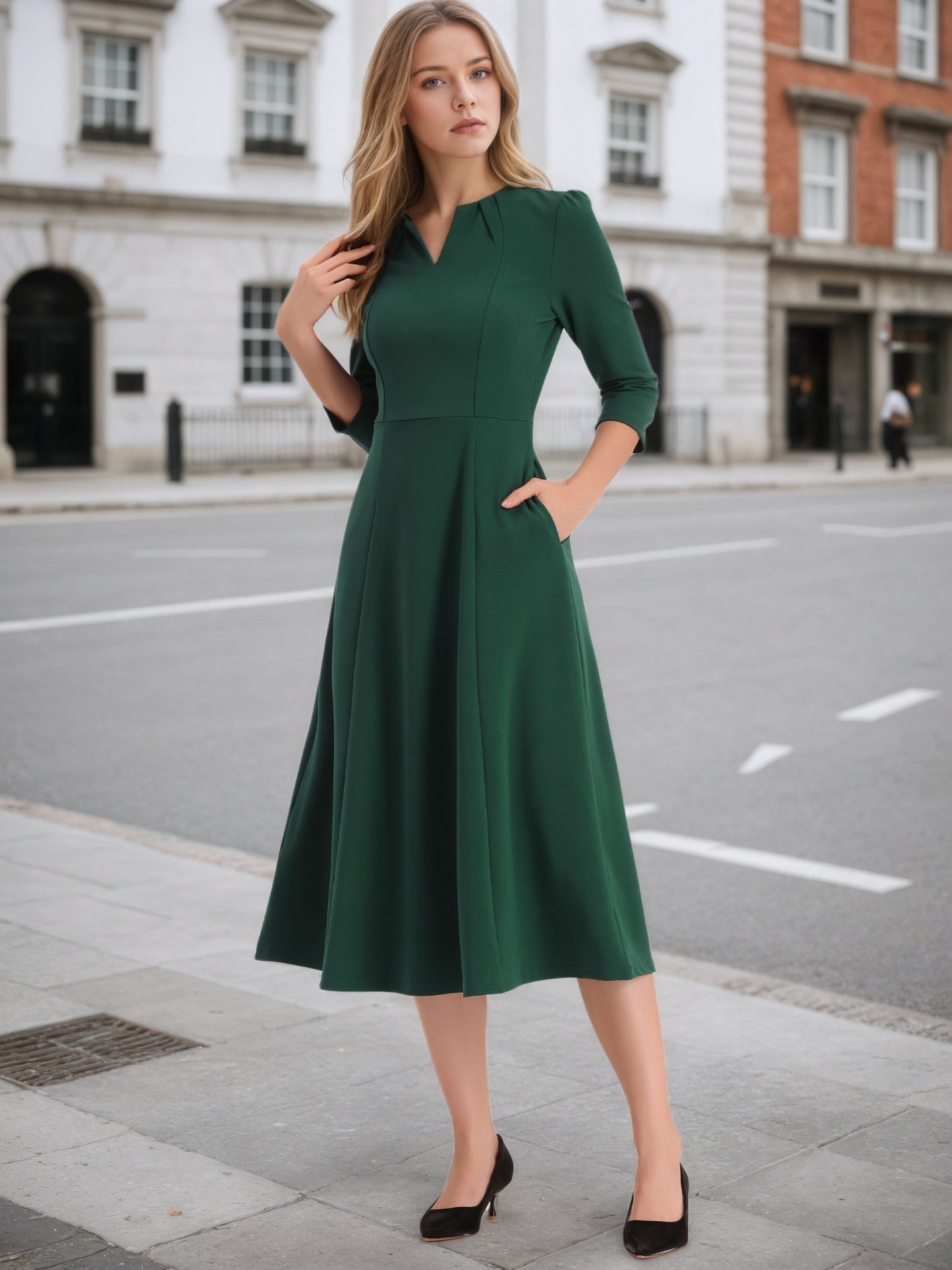 Women's 3/4 Sleeve Dresses V Neck Pockets Elegant Work Business Spring Fall A-Line Midi Dress (Available in Plus Size)