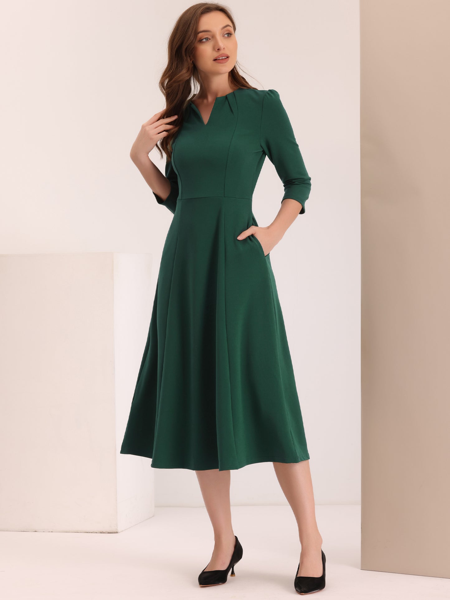 Women's 3/4 Sleeve Dresses V Neck Pockets Elegant Work Business Spring Fall A-Line Midi Dress (Available in Plus Size)
