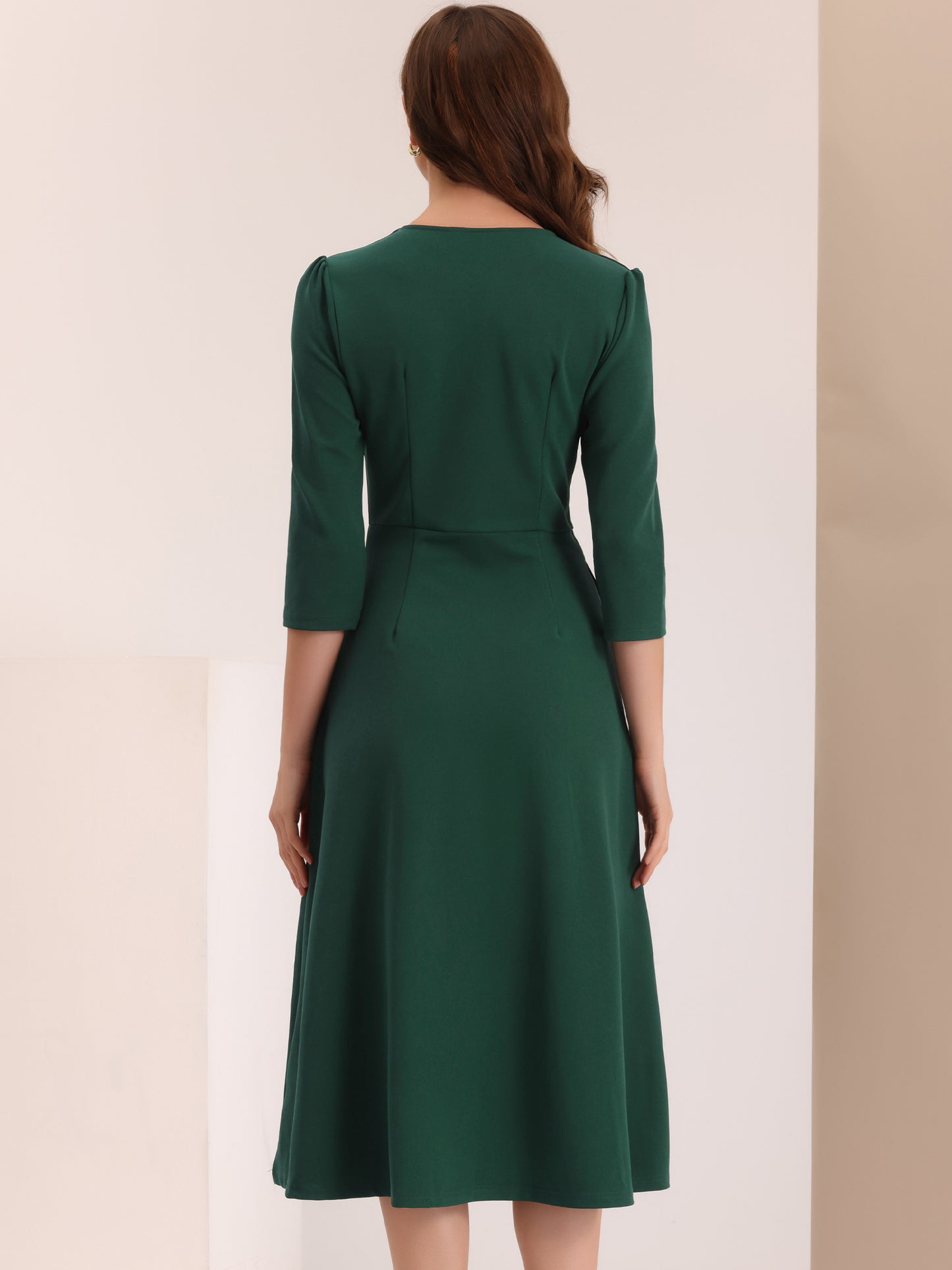 Women's 3/4 Sleeve Dresses V Neck Pockets Elegant Work Business Spring Fall A-Line Midi Dress (Available in Plus Size)