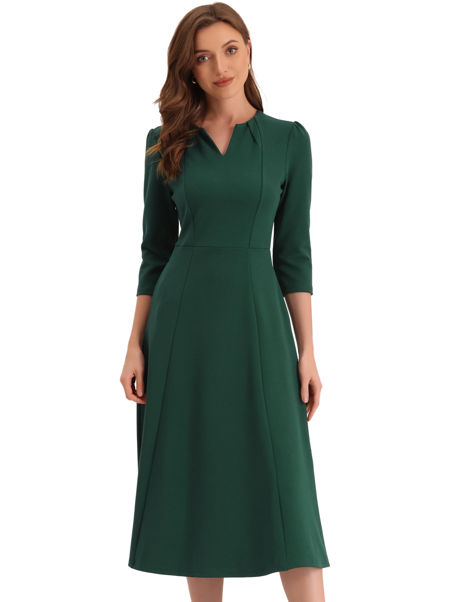 Women's 3/4 Sleeve Dresses V Neck Pockets Elegant Work Business Spring Fall A-Line Midi Dress (Available in Plus Size)