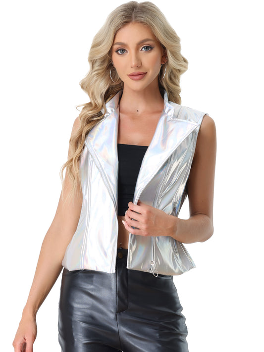 Women's Metallic Holographic Shiny Stand Collar Sleeveless Faux Leather Retro Disco Vest