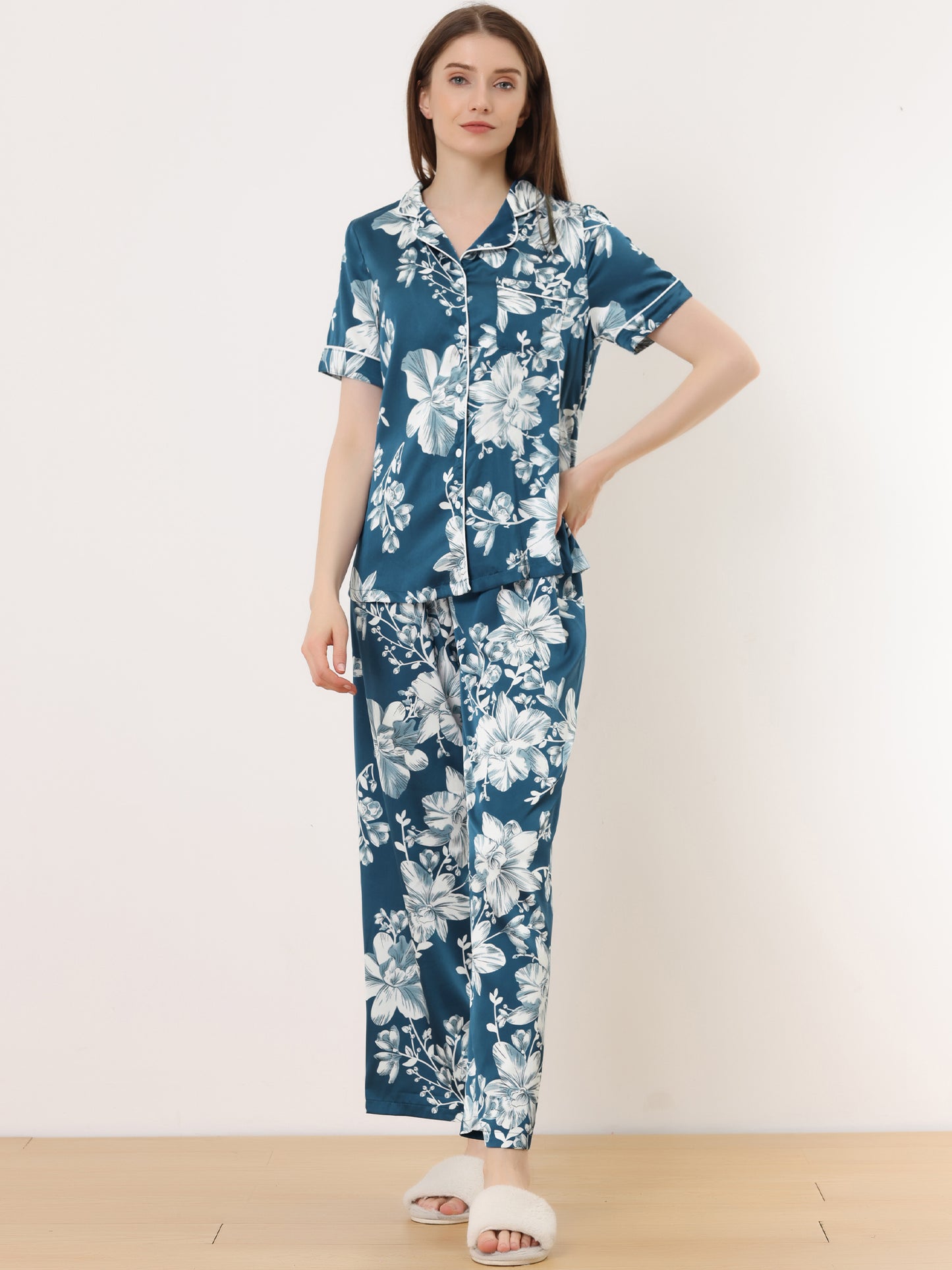 cheibear Pajama Set Silk Short Sleeves and Pants Floral Satin Sets Blue