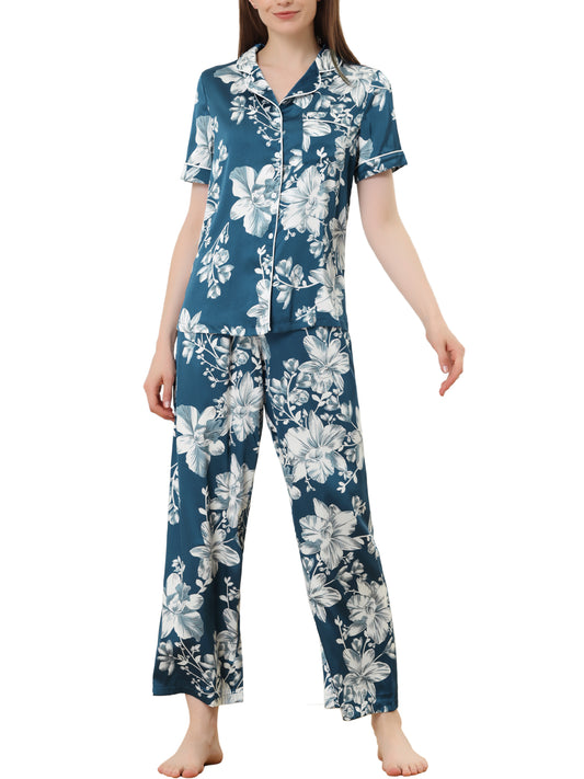 cheibear Pajama Set Silk Short Sleeves and Pants Floral Satin Sets Blue