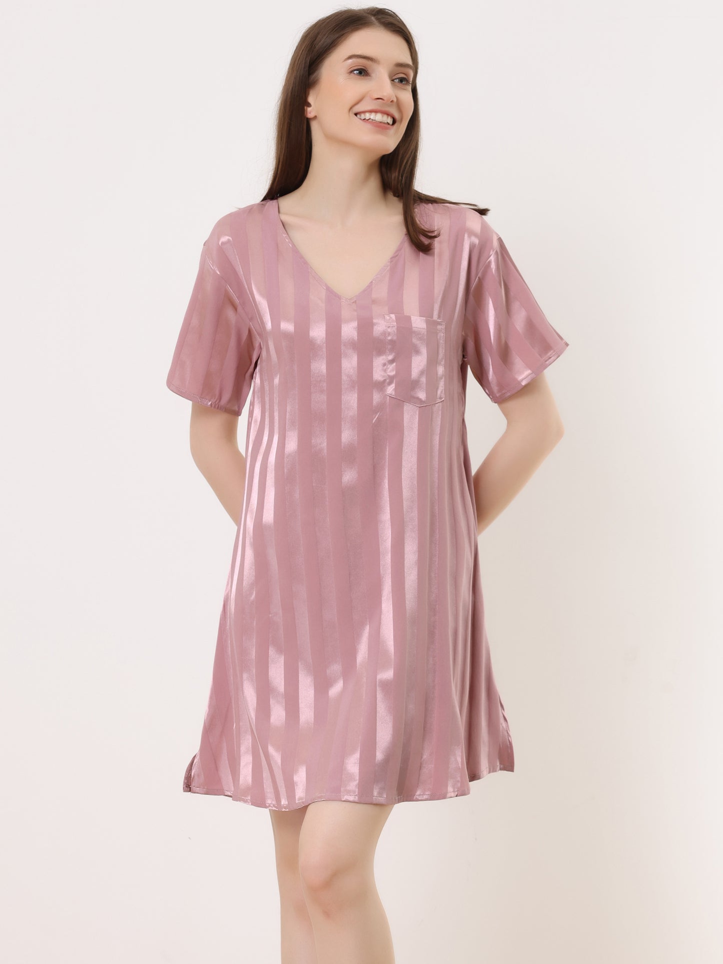 cheibear Pajamas Satin Dress Nightshirt Short Sleeves Lounge Sleepwear Nightgown Pink