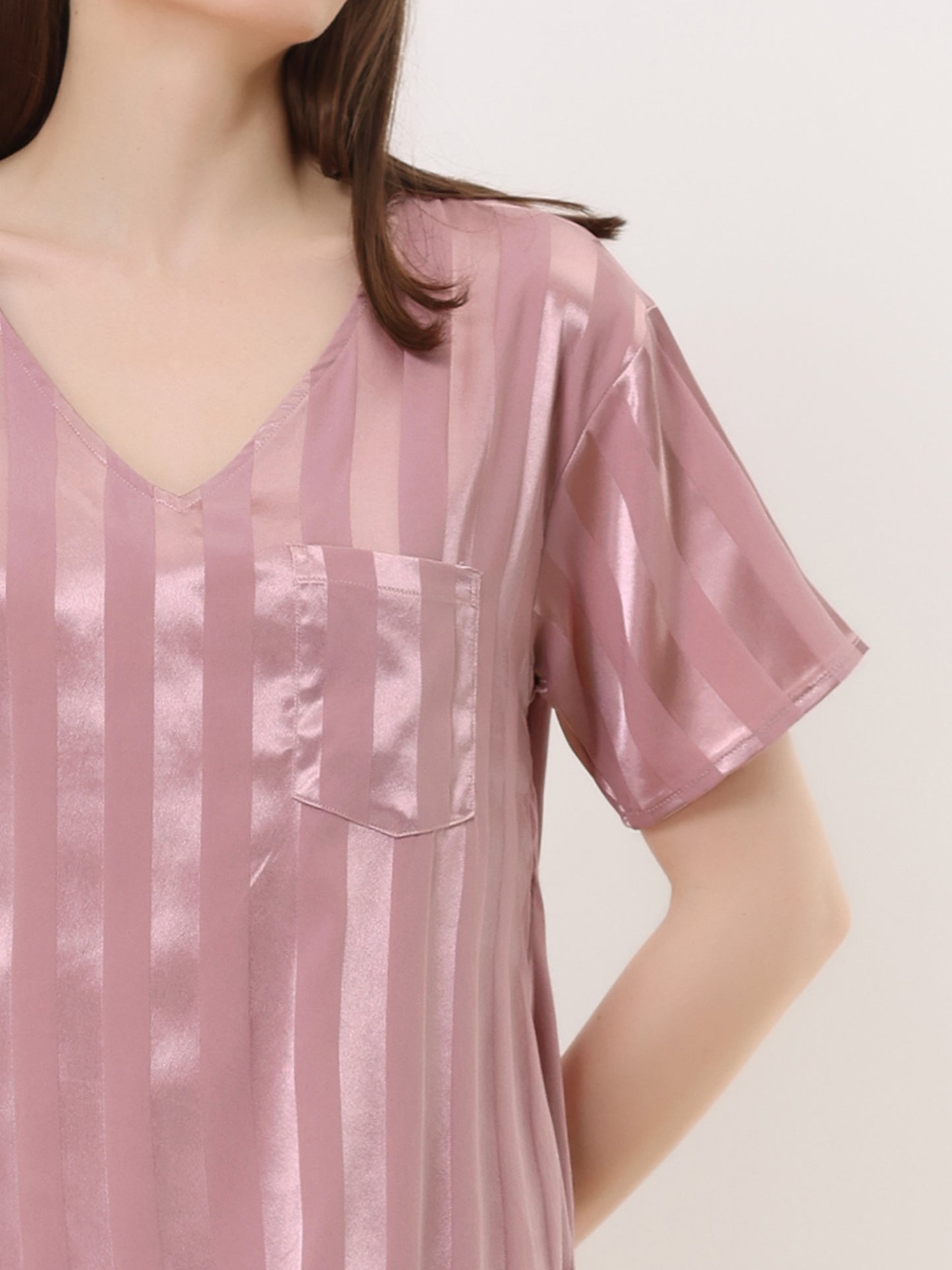 cheibear Pajamas Satin Dress Nightshirt Short Sleeves Lounge Sleepwear Nightgown Pink