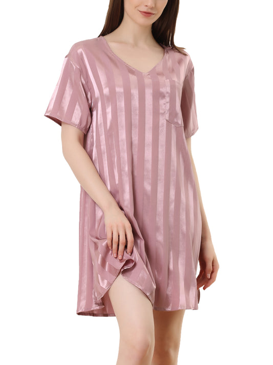 cheibear Pajamas Satin Dress Nightshirt Short Sleeves Lounge Sleepwear Nightgown Pink