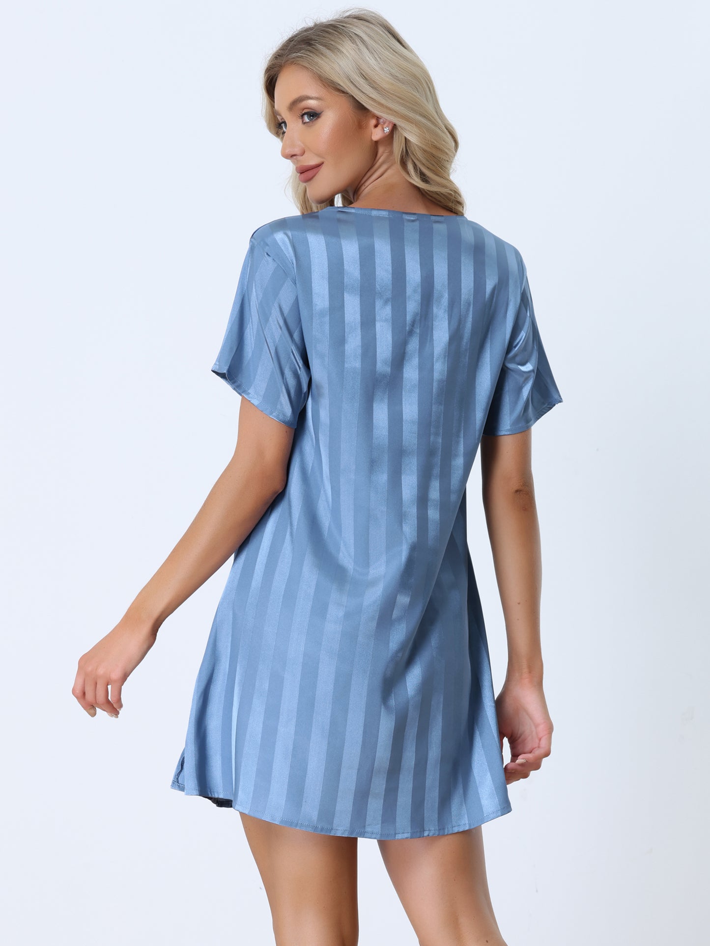 cheibear Pajamas Satin Dress Nightshirt Short Sleeves Lounge Sleepwear Nightgown Light Blue