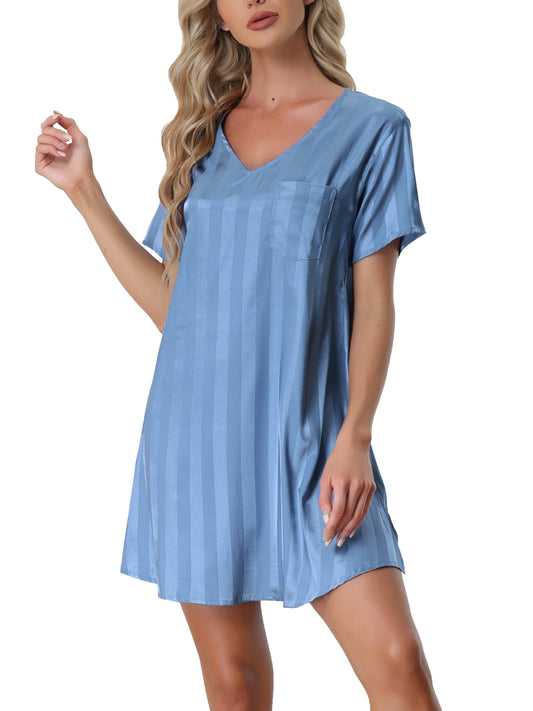 cheibear Pajamas Satin Dress Nightshirt Short Sleeves Lounge Sleepwear Nightgown Light Blue