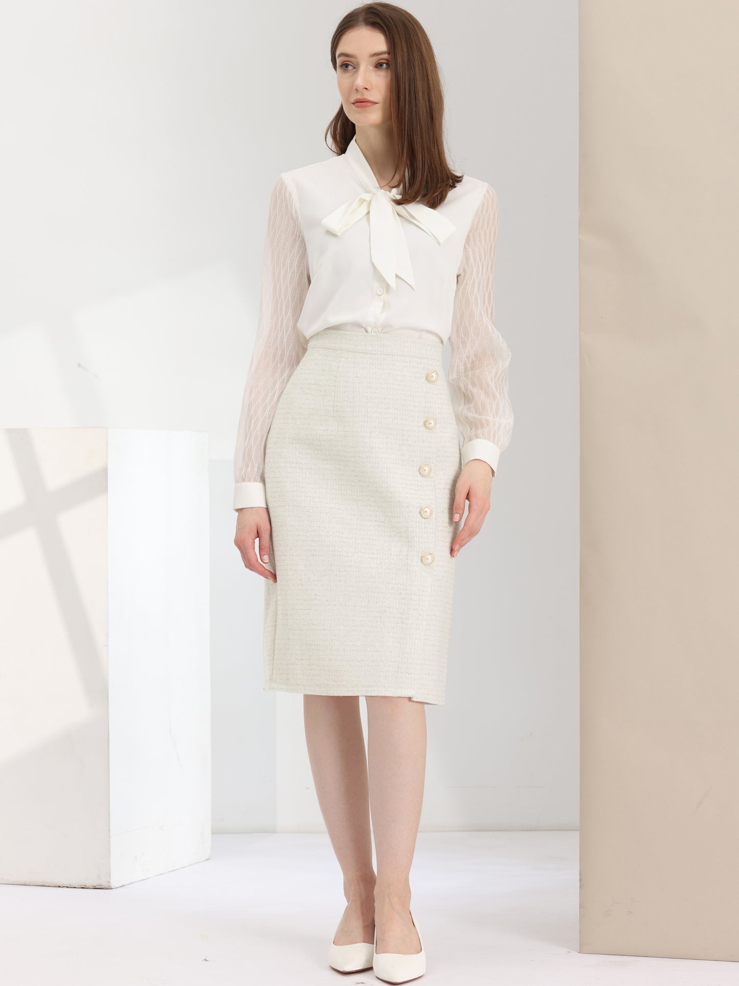 Women's Plaid Tweed High Waist Button Decor Shiny Business Elegant Midi Skirt