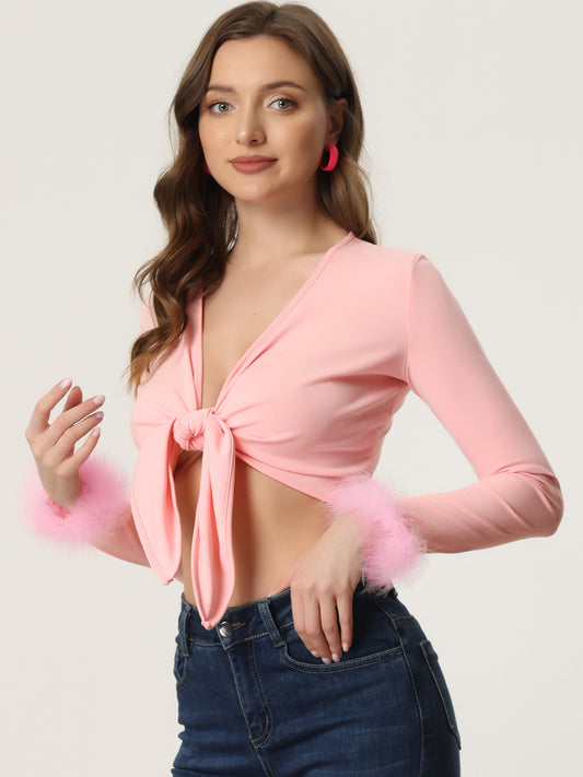 Cárdigan corto elegante de manga larga con cuello en V y puños de plumas sintéticas para mujer