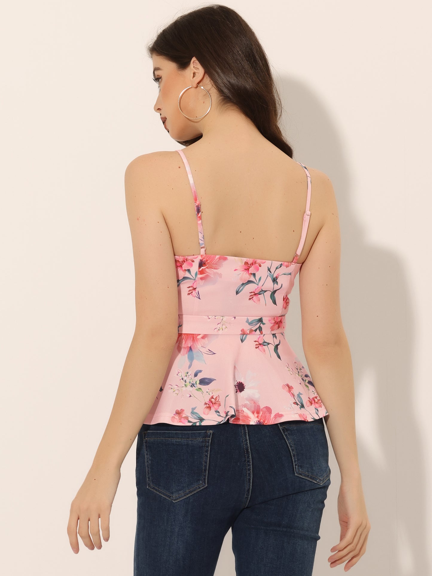 Women's Tank Top V Neck Tie Waist Peplum Floral Sleeveless Cami
