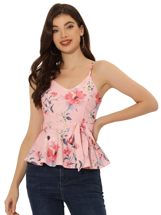 Women's Tank Top V Neck Tie Waist Peplum Floral Sleeveless Cami