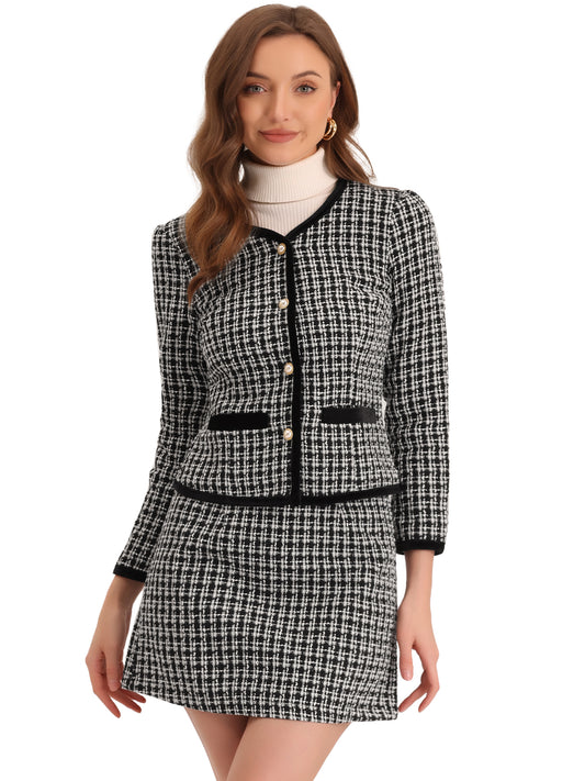 Women's 2 Piece Plaid Tweed Short Blazer Jacket and Skirt Business Suit Set