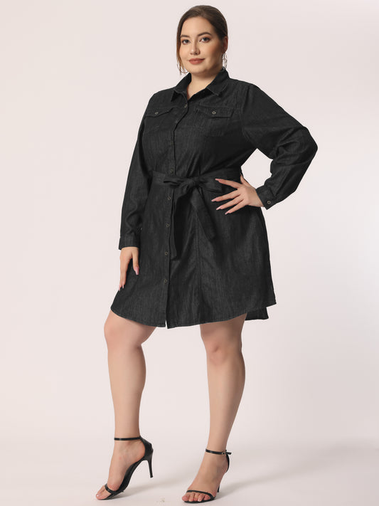 Women's Plus Size Denim Dress Midi Jean Shirt Button Down Long Sleeves Jeans Dress