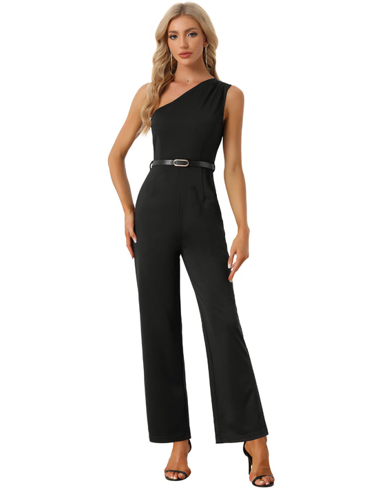 Women's Elegant Office Jumpsuit Dressy One Shoulder Belted Wide Leg Pants