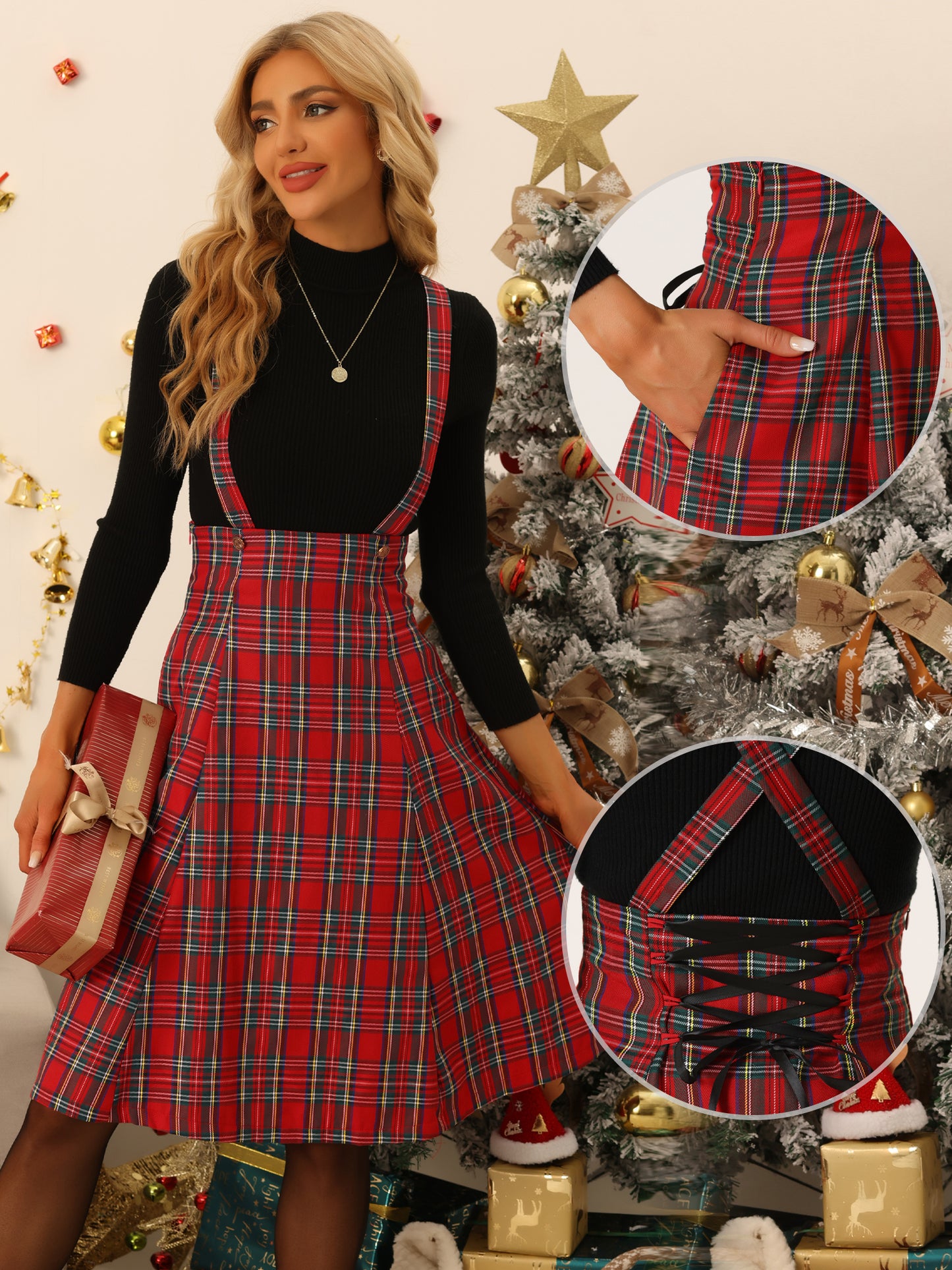 Women's Overall Dress Tartan Plaid Pinafore Suspender Skirt