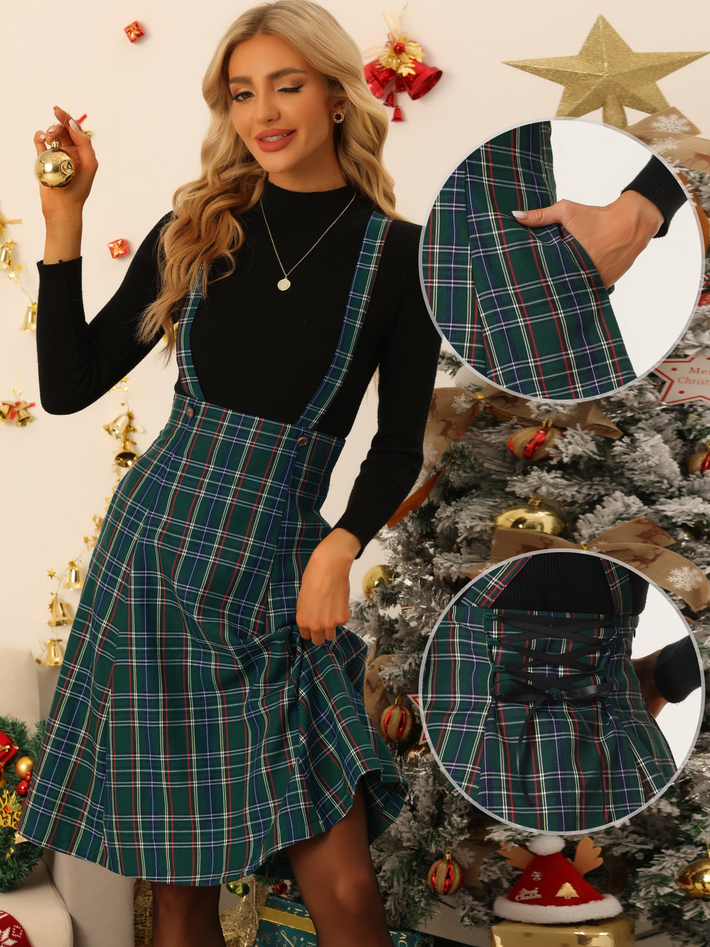 Women's Overall Dress Tartan Plaid Pinafore Suspender Skirt