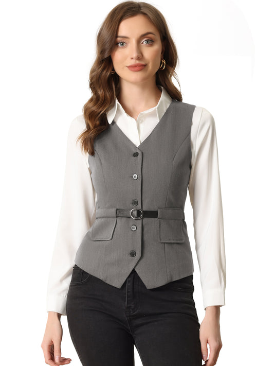 Women's Suit Vest Button Up Belt V Neck Sleeveless Waistcoat