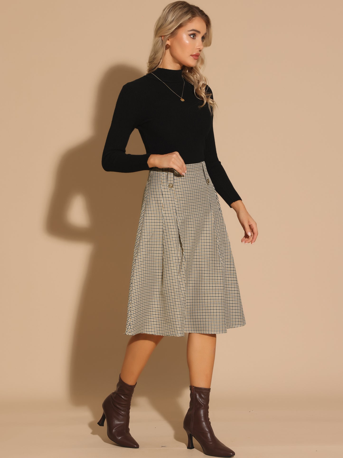 Women's Vintage Plaid Skirts High Waist Pleated A-Line Midi Skirt
