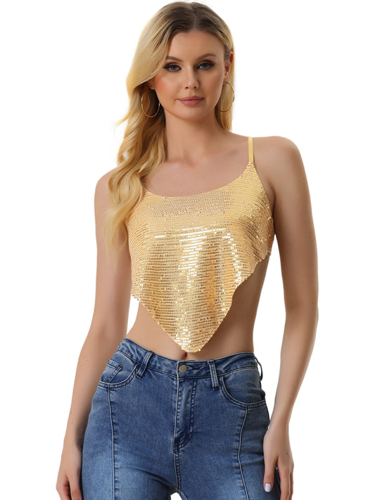 Top corto de fiesta con tirantes finos, espalda descubierta y lentejuelas para mujer