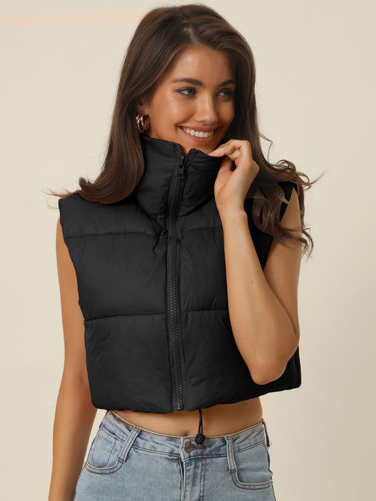 Women's Stand Collar Crop Puffer Vest Lightweight Sleeveless Puffer Padded Gilet Streetwear