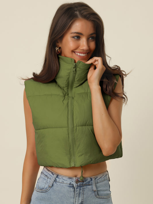 Women's Stand Collar Crop Puffer Vest Lightweight Sleeveless Puffer Padded Gilet Streetwear