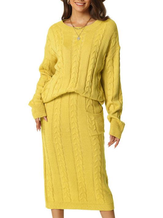 Womens' Fall Winter Crewneck Sweater Outfit Midi Skirt with Pockets Two Piece Lounge Set