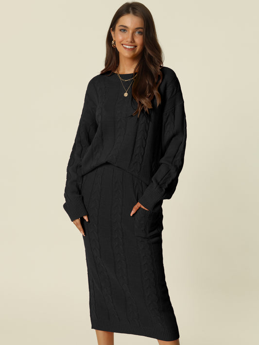 Womens' Fall Winter Crewneck Sweater Outfit Midi Skirt with Pockets Two Piece Lounge Set