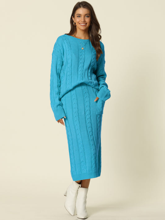 Womens' Fall Winter Crewneck Sweater Outfit Midi Skirt with Pockets Two Piece Lounge Set