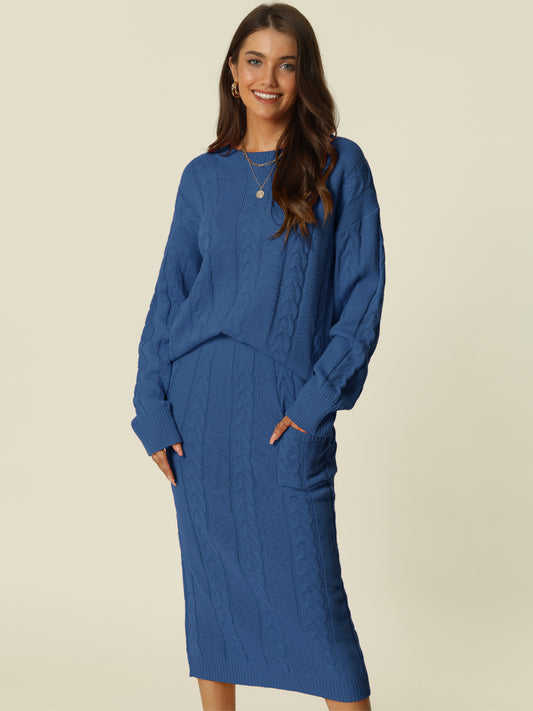Womens' Fall Winter Crewneck Sweater Outfit Midi Skirt with Pockets Two Piece Lounge Set
