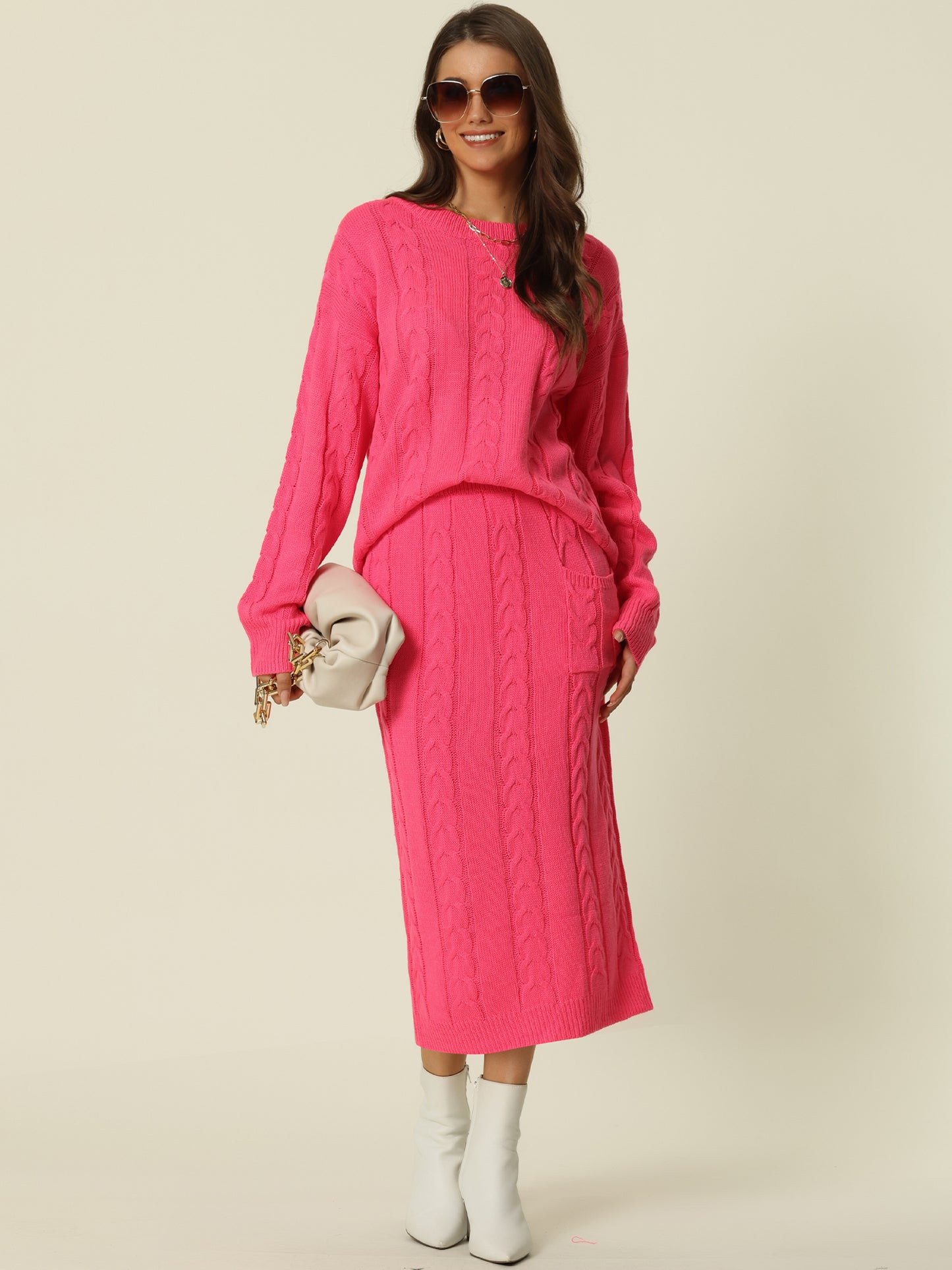 Womens' Fall Winter Crewneck Sweater Outfit Midi Skirt with Pockets Two Piece Lounge Set
